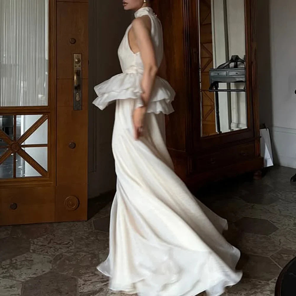 VGH Solide Abend Gespleißt Rüschen Maxi Kleider für Frauen High Neck Ärmellose Tunika Temperament Zeremonie Kleid Weibliche Kleidung.