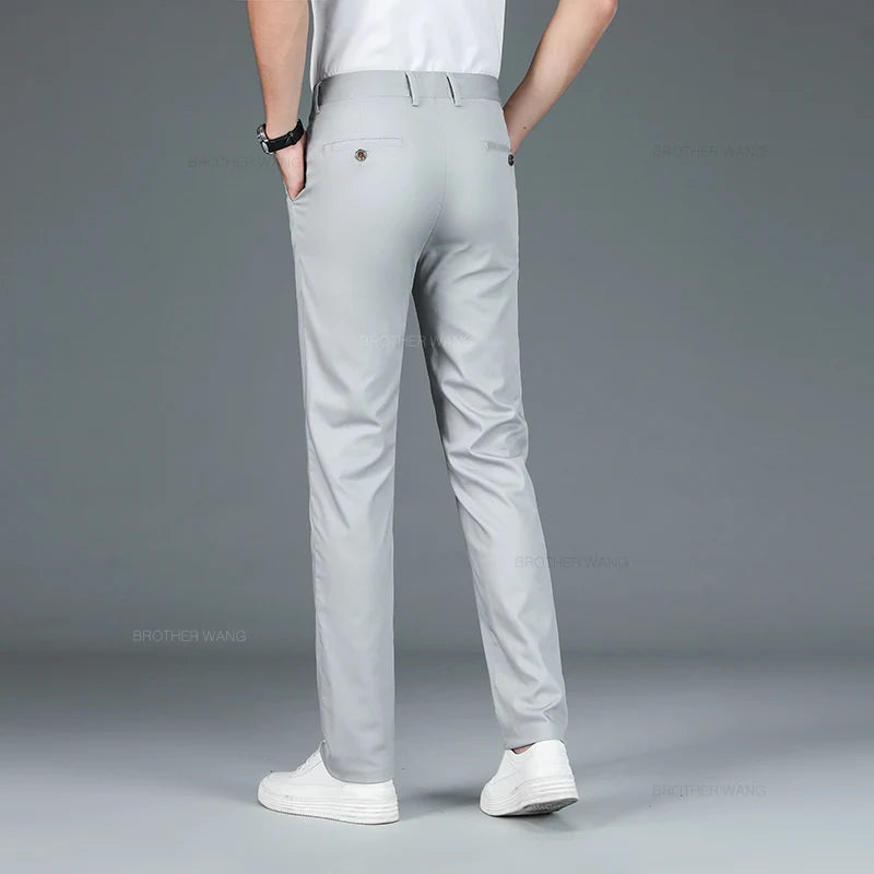Bamboo Fiber Fabric Men's Casual Pants Summer New Ultra-thin Elastic Soft Straight Business Trousers Classic Black Khaki Gray.