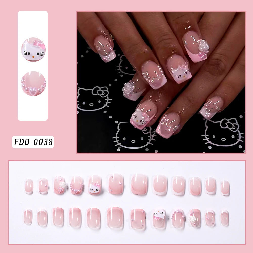 24Pcs Long Square Pink Hello Kitty False Nails French Wearable Full Cover Fake Nails Kitty Cat Bow Heart Design Press On Nails