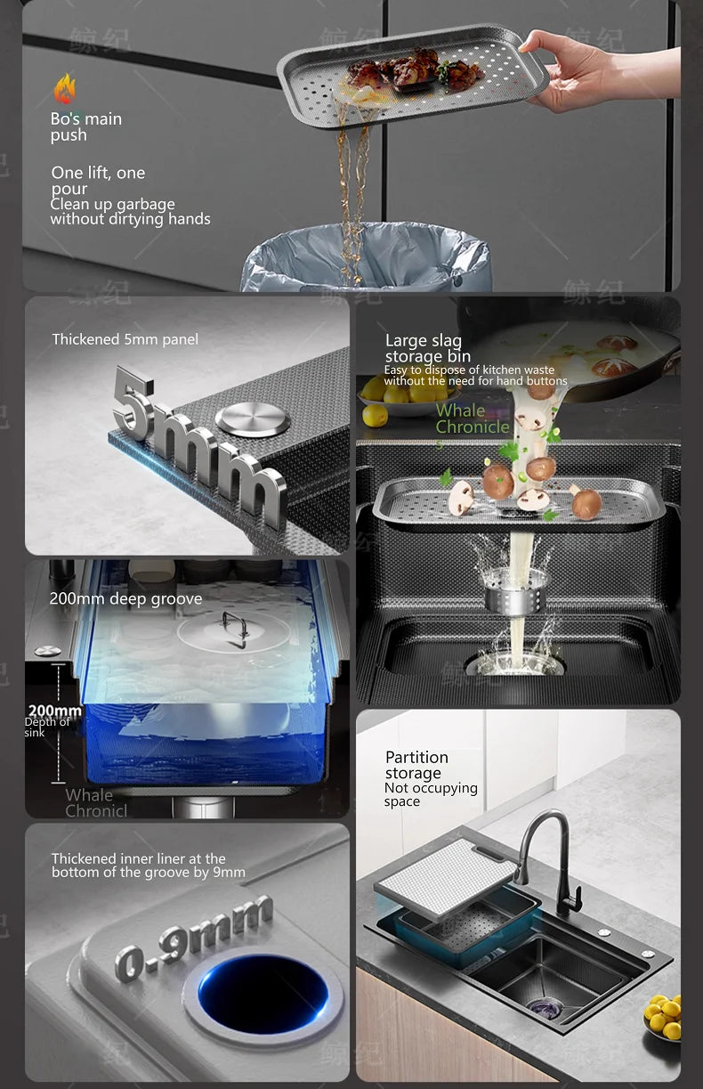 Stainless Steel Kitchen Sink Gray Household Large Single Slot Wash Vegetables and Dish Basin Multifunctional Dish Basin Sink