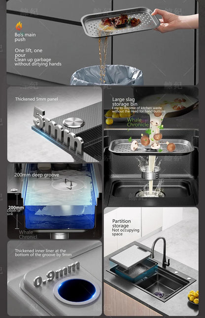 Stainless Steel Kitchen Sink Gray Household Large Single Slot Wash Vegetables and Dish Basin Multifunctional Dish Basin Sink