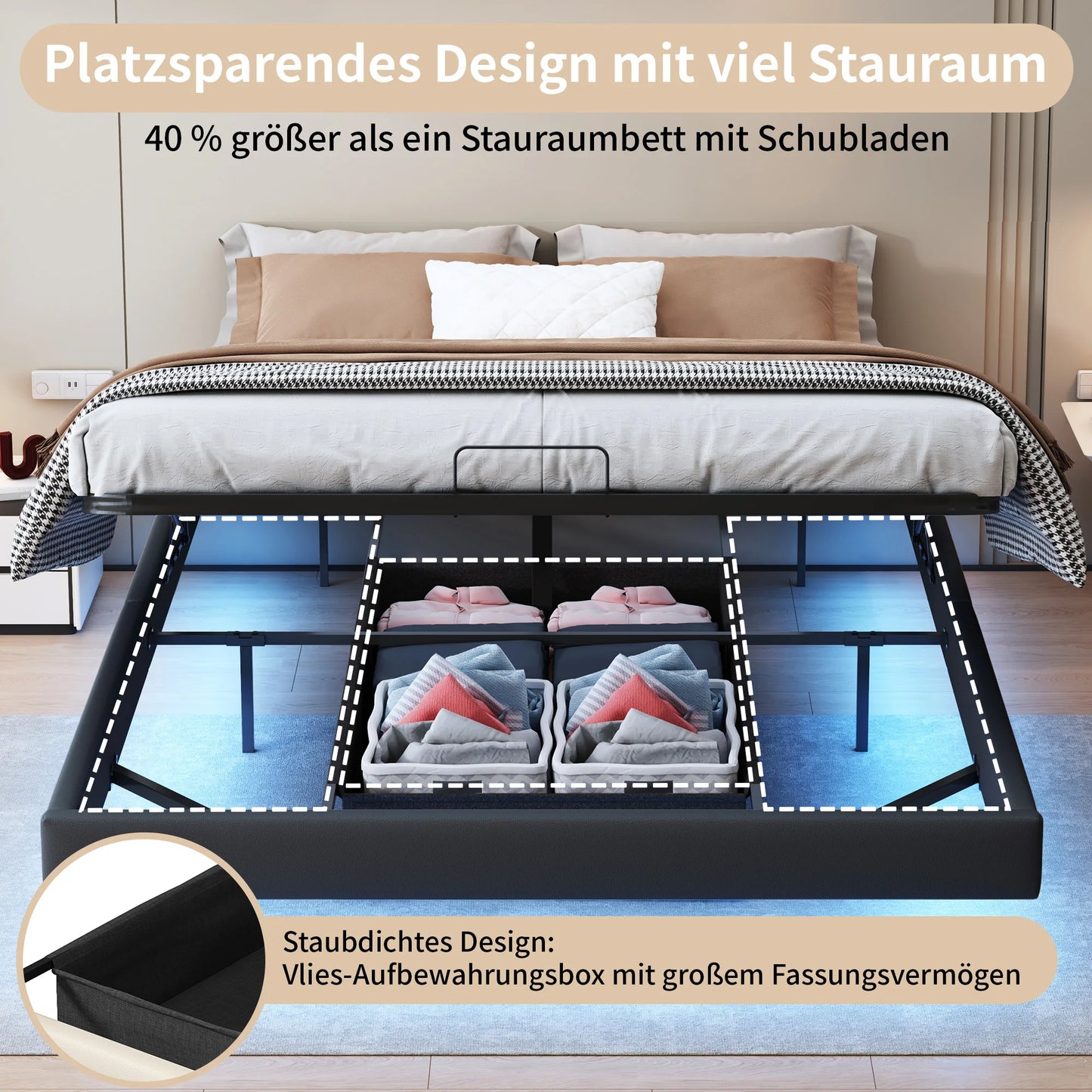 Lazyspace 160 x 200 cm großes Doppelbett mit Stauraum, schwebendes Bett ohne Kopfteil, Unterbett mit LED-Leuchten, schwarzes PU, ohne Matratze