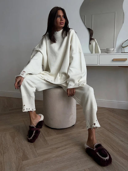 Two Piece Ripped Set Women Knit Tracksuits O Neck Long Sleeve Casual Baggy Sweatshirts+ Joggers Pants Outfits 2025 Fall Winter.