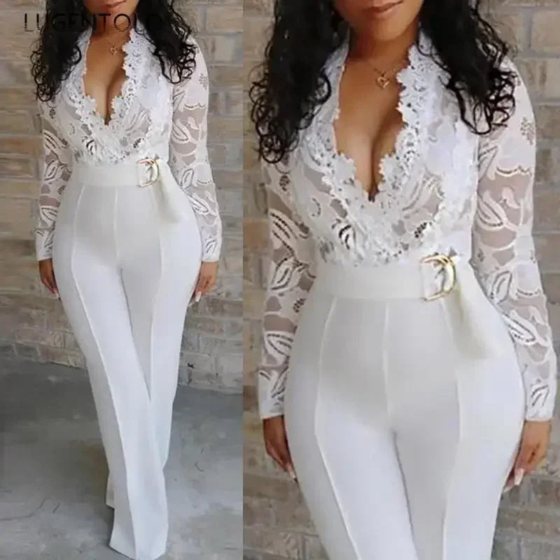 Women White Jumpsuit Lace Stitching Long Sleeve V-neck Large Size Wide Leg Pants Office Lady  Jumpsuits for Woman Lugentolo.