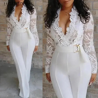 Women White Jumpsuit Lace Stitching Long Sleeve V-neck Large Size Wide Leg Pants Office Lady  Jumpsuits for Woman Lugentolo.