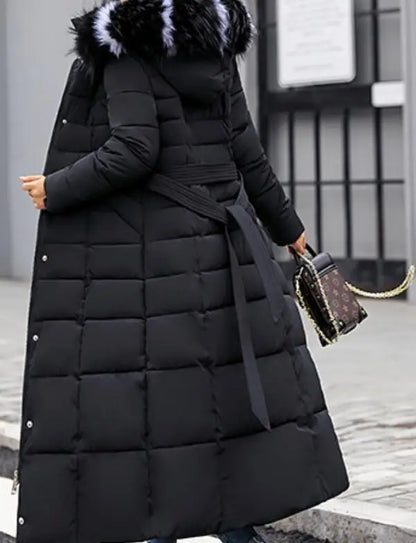 Neue Wintermode Langarm Pelzkragen Reißverschluss Einfarbig Slim Fit Lange Version Dicke Daunenjacke Mit Kapuze Für Frauen, 6 Farben.