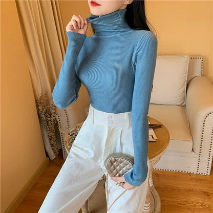 2023 herbst Winter Frauen Langarm Gestrickte Foldover Rollkragen Rippen Pull Pullover Weiche Warme Femme Jumper Pullover Kleidung.