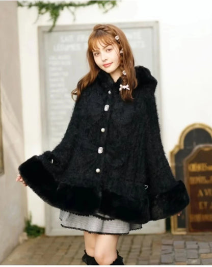 Japanische Liz Süße Prinzessin Faux Kaninchen Fell Cape Mantel Frauen Herbst Winter Pelz Jacke Lose Uhr Strass Bogen Mit Kapuze Mantel