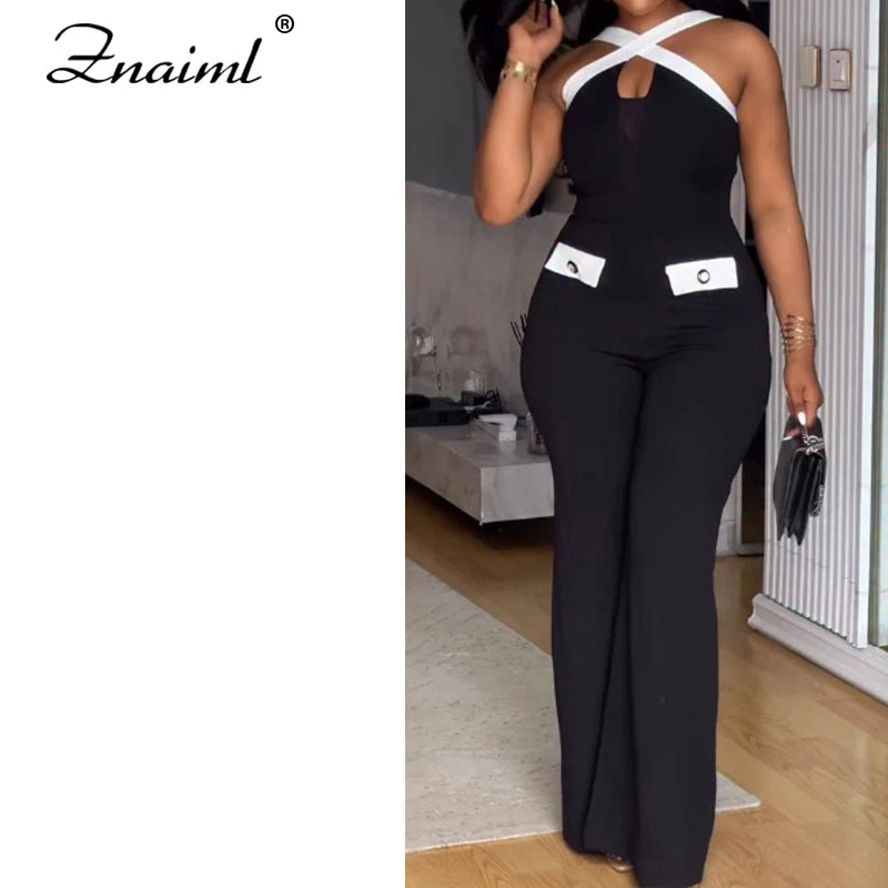 Znaiml Black Women's Sleeveless Cross Spaghetti Strap Loose Jumpsuit Autumn Office Wide Leg Pants Streetwear Overalls Fashion.