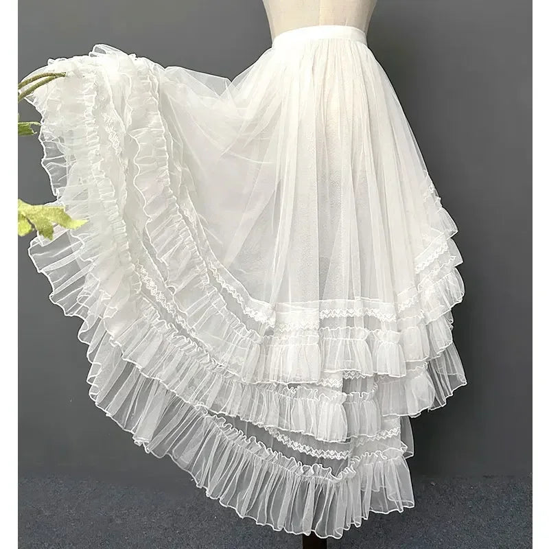 Gothic Lolita Layered Underskirt Sweet Princess Mesh High Low Ruffled Skirt for Women.