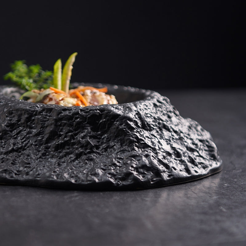 Volcano-shaped Black Deep Plate Creative Irregular Ceramic Tableware in Restaurant French Special-shaped Soup Plate Swing Plate.