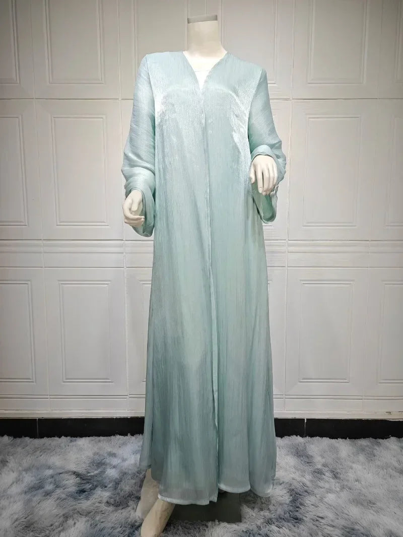 2025 Ramadan Satin muslimischen bescheidenen Kleid arabische Frauen öffnen Abaya Dubai islamische Langarm Cardigan Kleidung Truthahn schlichte Robe