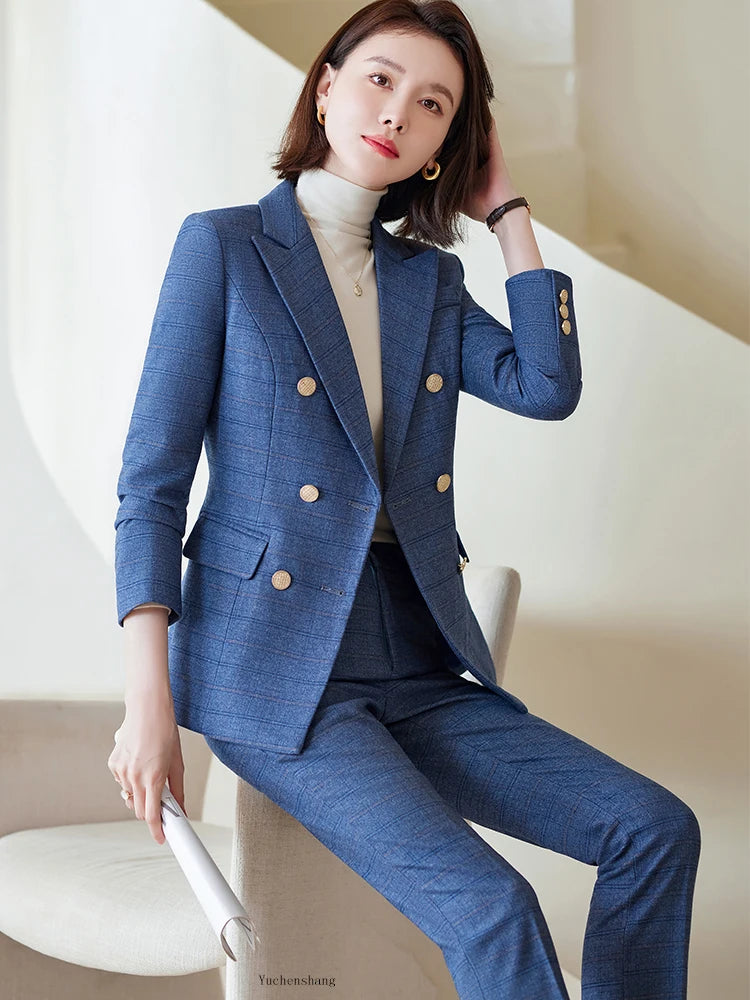 Autumn Winter Red Coffee Blue Black Ladies Pant Suit Women Female Business Work Wear Plaid Jacket and Trouser Blazer 2 Piece Set.