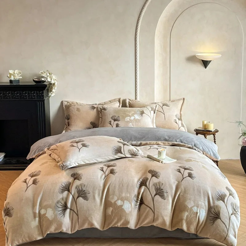 2025 new light luxury style high gram milk fleece 1.5m/1.8m bed four-piece printing warm bed sheet quilt cover