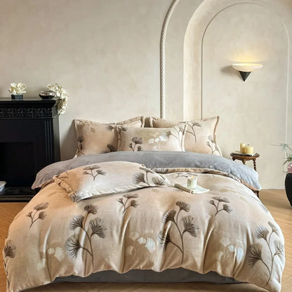 2025 new light luxury style high gram milk fleece 1.5m/1.8m bed four-piece printing warm bed sheet quilt cover