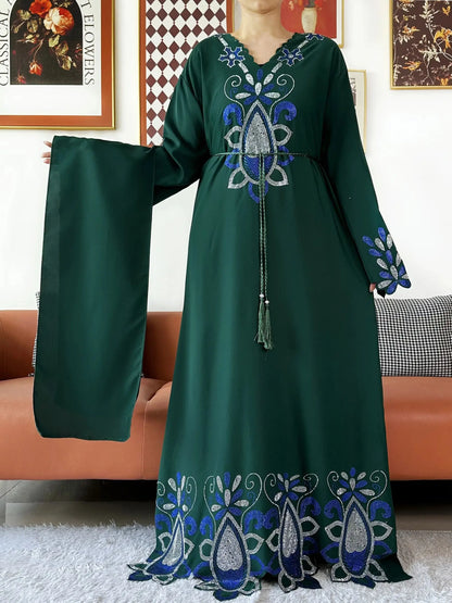 New 2025 Muslim Party Women Abaya Chiffon Diamond Long Sleeve Casual Clothing African Abaya Women Robe Dubai Turkey Islamic Robe