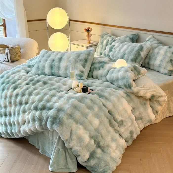 2024 new solid color colorful rabbit wool four-piece set, one side of rabbit fur and one side of milk wool thickened warm