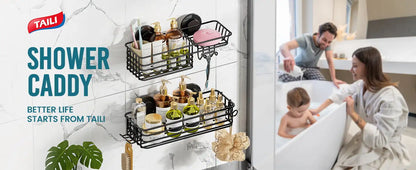 TAILI Dusch-Caddy mit Saugnapf, 2er-Pack mit Haken und Seifenhalter, robuster Badezimmer-Dusch-Organizer, ohne Bohren von Duschregalen