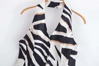 HH Women Pants Suit Fashion Zebra Stripes Single Breasted Sexy Sleeveless V-Neck Top+High Waist Zipper Casual Wide Leg Pants.