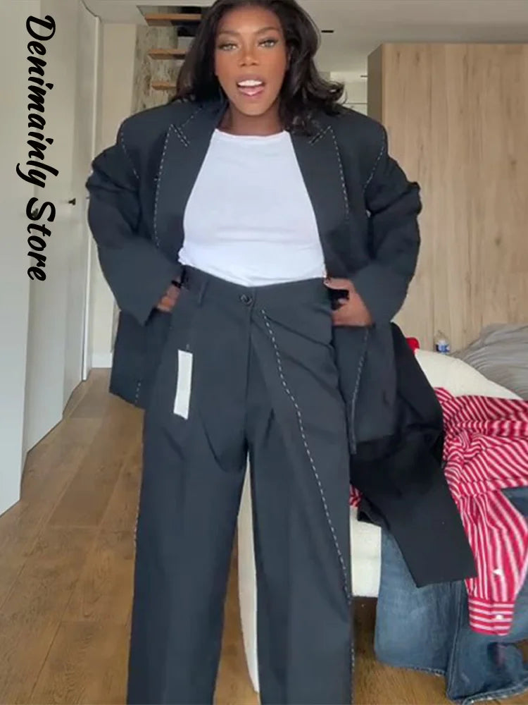 Fashion Line Suit Pants Set Women Lapel Full Sleeve Double Breast Pocket Blazer Straight Trousers 2025 Autumn Winter Lady Outfit.