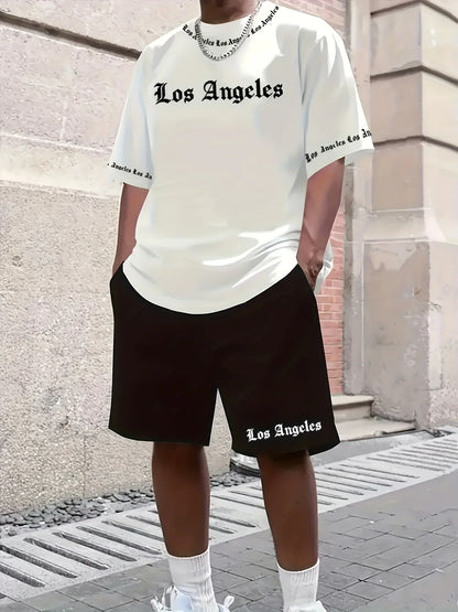 Men's Casual LA Patterned Suit, Soft and Breathable Summer Suit, Drawstring Shorts, Casual Summer Wear, Comfortable Fit.