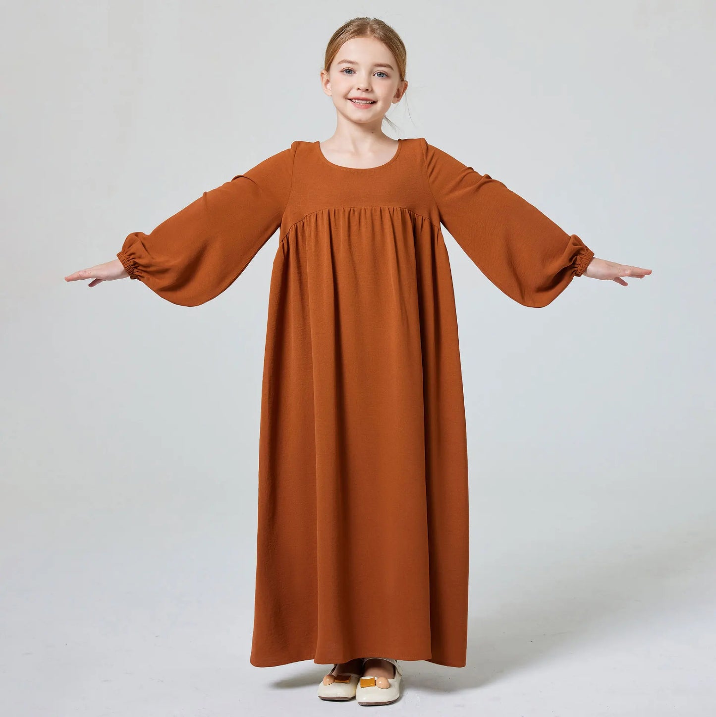 Kids Abaya Ramadan Muslim Dubai Elegant Girl's Solid Crew Neck Long Sleeve Kaftan Kebaya Dress For Party Pray Gift.