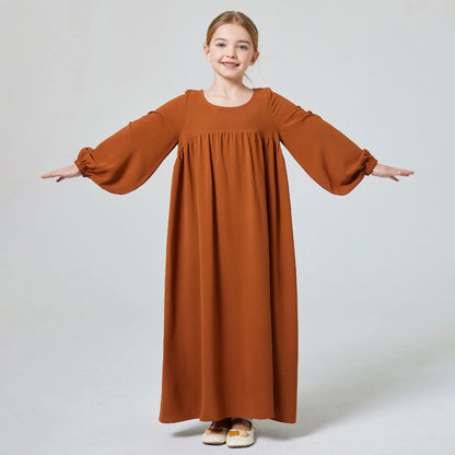 Kids Abaya Ramadan Muslim Dubai Elegant Girl's Solid Crew Neck Long Sleeve Kaftan Kebaya Dress For Party Pray Gift.