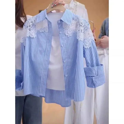 Lace Hook Splicing Polo Neck Striped Women Shirt Spring New Loose Jacket Top.