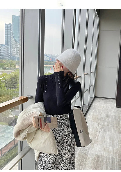 Langarm Beiläufige Dünne Pullover Mode Taste Grundlegende Gestrickte Tops Frauen Rollkragenpullover Koreanische Mode Einfache Chic Kleidung