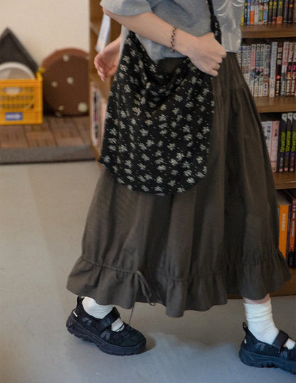 Vintage Black Midi Skirt Women Japanese Harajuku Drawstring Bud Skirts Summer Streetwear Korean Casual Design A Line Faldas New