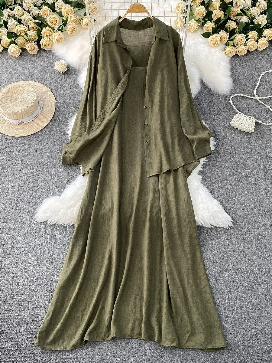 Muslim Women Shirt Dress Two Piece Set Solid Modest Suits Ramadan Musulman Ensemble Morocco Dubai Abayas Islam Outfits Jalabiya