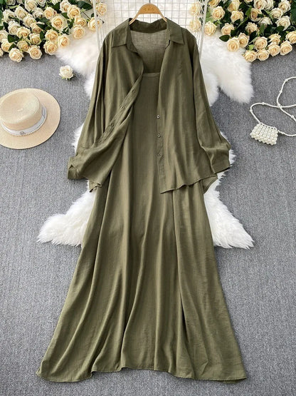 Muslim Women Shirt Dress Two Piece Set Solid Modest Suits Ramadan Musulman Ensemble Morocco Dubai Abayas Islam Outfits Jalabiya