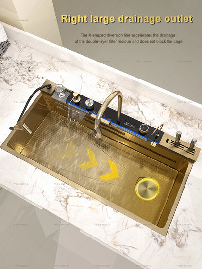 Goldenes Edelstahl-Wasserfall-Küchenspülbecken, multifunktional, groß, Einzelschlitz, Digitalanzeige, Geschirrspülbecken