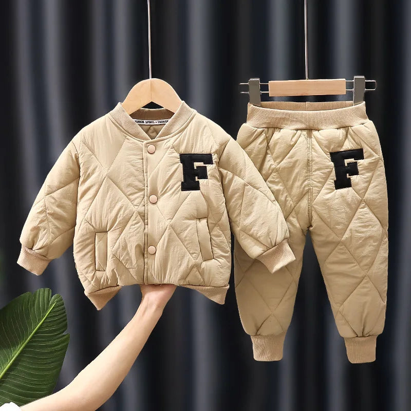 1 2 3 4 5 Years Winter Boys Clothing Sets Alphabet Fashion Warm Coat And Pants 2Pcs Boys Suits Birthday Gifts New Kids Clothes.