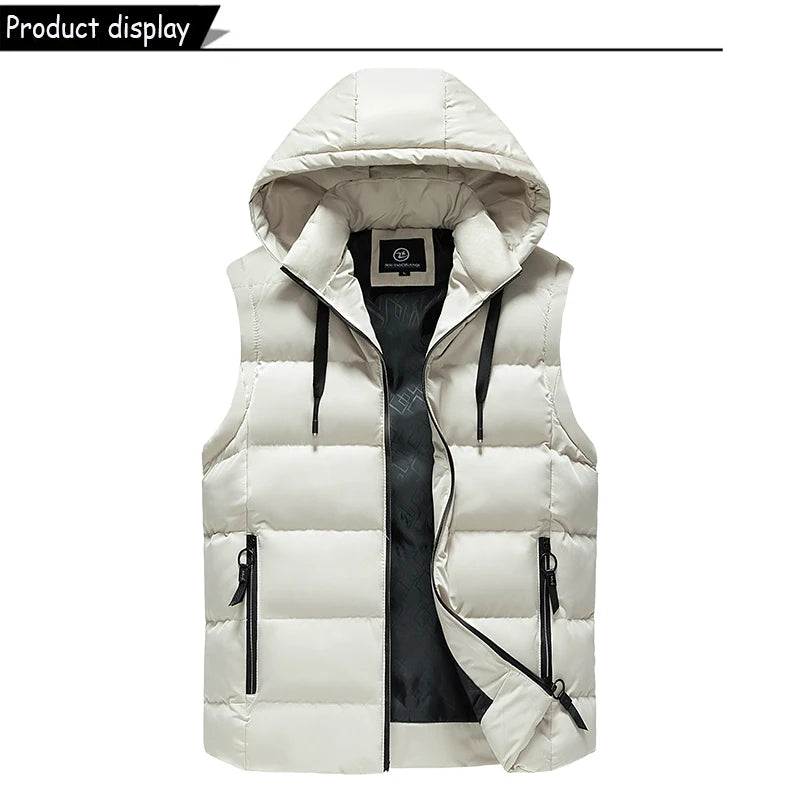 Men Autumn Sleeveless Outdoors Casual Solid Warm Vest Men Winter Detachable Hooded Fleece Pocket Zipper Fashion Vest Male Coat.