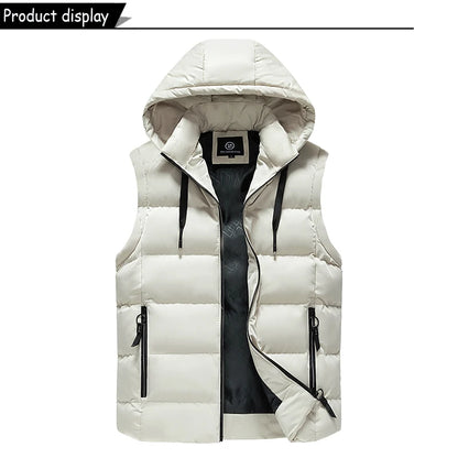 Men Autumn Sleeveless Outdoors Casual Solid Warm Vest Men Winter Detachable Hooded Fleece Pocket Zipper Fashion Vest Male Coat.