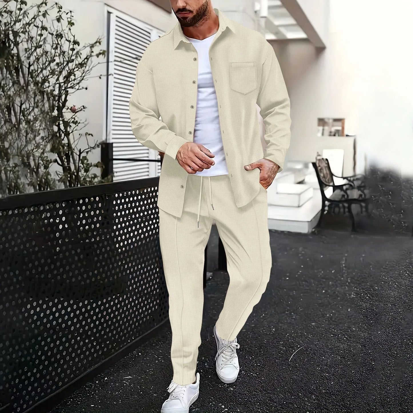 2025 Spring and autumn new men's daily casual waffle cardigan long-sleeved shirt two pants suit.