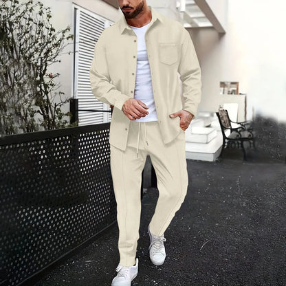 2025 Spring and autumn new men's daily casual waffle cardigan long-sleeved shirt two pants suit.