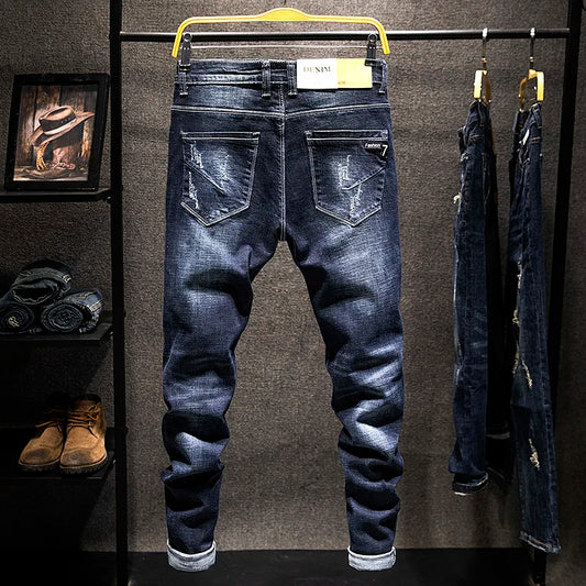 2025 New Ripped Jeans Men Slim-fit Denim Pants Cotton Korean Style Fashion Elasticity Versatile Blue Black Men's Clothing.