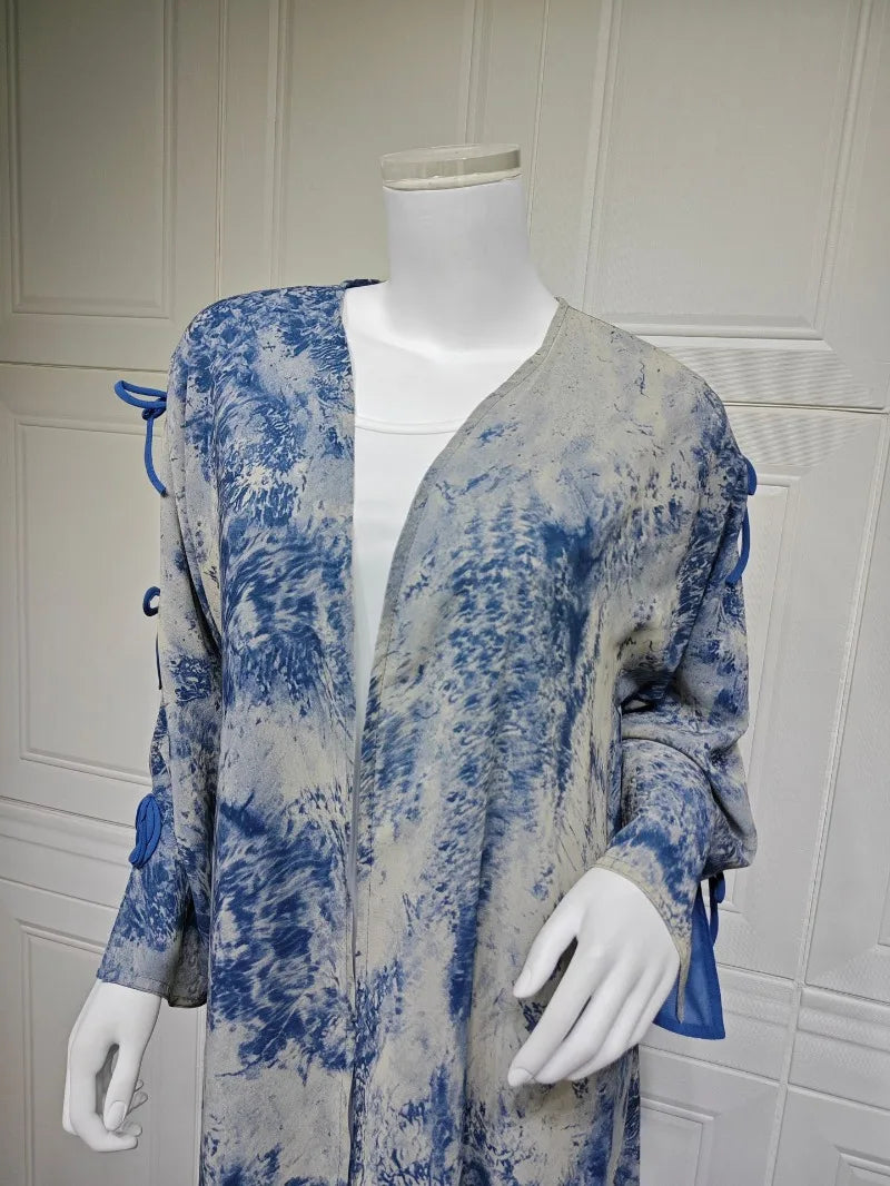 2025 sommer Arabisch Frauen Muslimische Kleidung Ramadan Dubai Offene Abaya Kleid mit Hijab Islam Gedruckt Chiffon 2 Stück Outfit