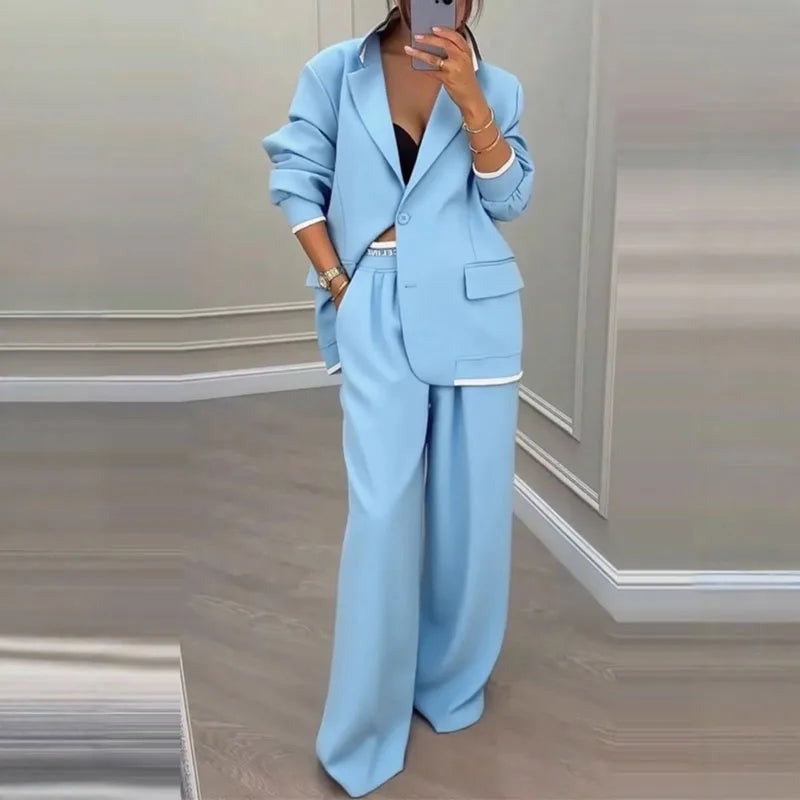 Autumn Casual Women's Suit Set Sexy Turn-down Collar Button Blazer & Straight-leg Pants Set Winter Solid Long Sleeve Chic Outfit.