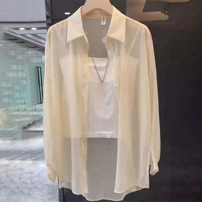 Sheer Chiffon Shirt Women's Casual UV Resistant Cardigan Summer Thin Commuting Coat Japanese Fashion Mesh Sunscreen Clothing Y2k.