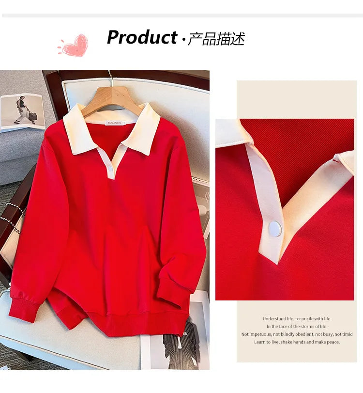 170kg plus size Damen büste Herbst lose Revers Langarm Sweatshirt schwarz rot 6xl 7xl 8xl 9xl 10xl 11xl.