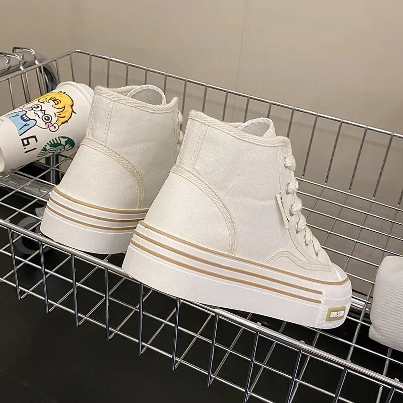 Maogu Women Autumn 2023 New Fashion Thick Platform Leisure Sports Shoe White Sneakers Breathable Casual High Top Canvas Shoes 40.