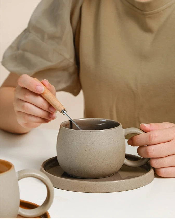 Retro Coarse Pottery Mug and Saucer Combination Japanese Coffee Cup Set Nordic Afternoon Tea Breakfast Cup Latte Coffee Mug.