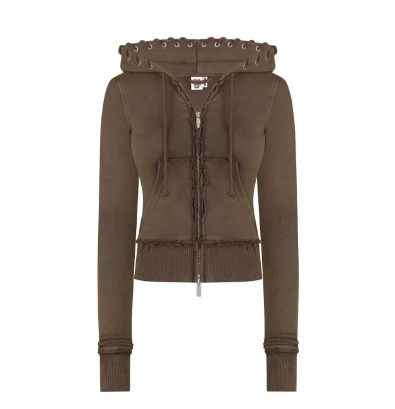 2025 Hip-hop Street Fashion Sports Suit New Letter Embroidery Brown Zipper Hoodie Casual American Loose Straight Pants Women.