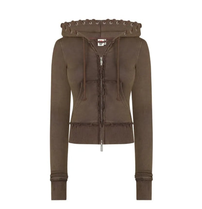 2025 Hip-hop Street Fashion Sports Suit New Letter Embroidery Brown Zipper Hoodie Casual American Loose Straight Pants Women.