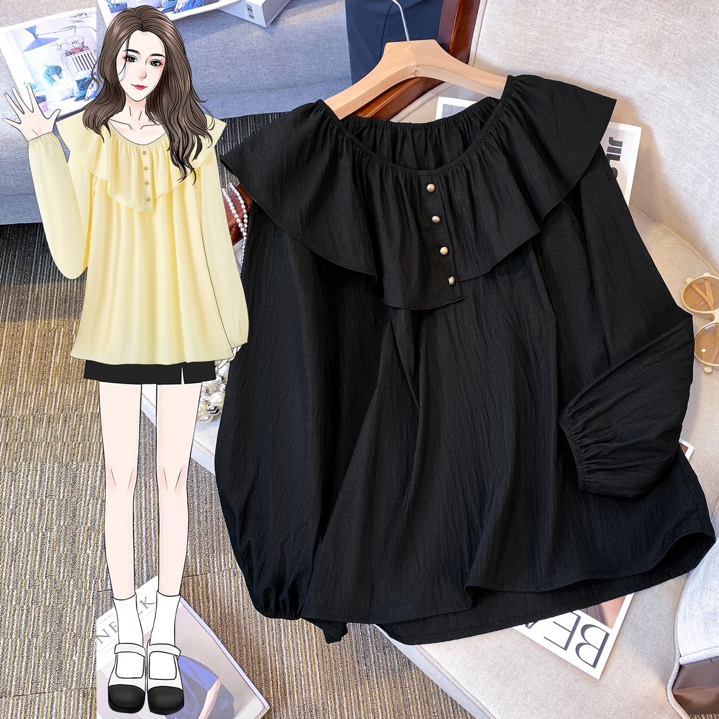 2025 French Large Size Long Sleeve O-neck Solid Color Loose Ruffle Shirt Ladies Spring Autumn Plus Size Blouses for Women