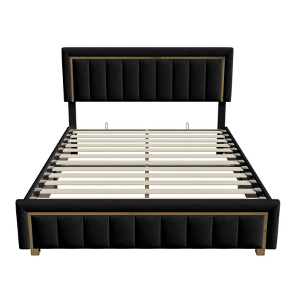 Lazyspace Elegantes Hydraulikbett, samtstoff gepolstertes Doppelbettgestell, mit Stauraum, Bettkasten, Kopfteil mit Lattenrost