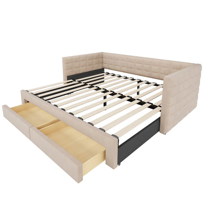 3-in-1 ausziehbares Schlafsofa 90 x 190 cm, Multifunktionsbett mit Schubladen, Einzel-/Doppelbett, Baumwolle und Leinen (Matratze nicht im Lieferumfang enthalten)